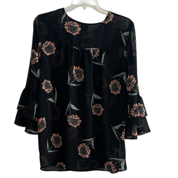 Cabi Floral Black Sheer Blouse Sz Small Lightweight Ruffled Sleeves - Picture 5 of 5